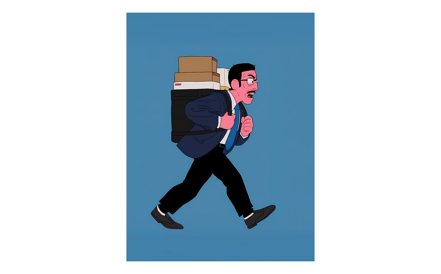 Illustrazione di un uomo affaticato mentre cammina con uno zaino sulle spalle
