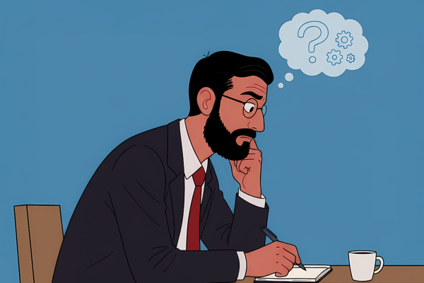 Illustrazione di un uomo seduto alla scrivania mentre pensa