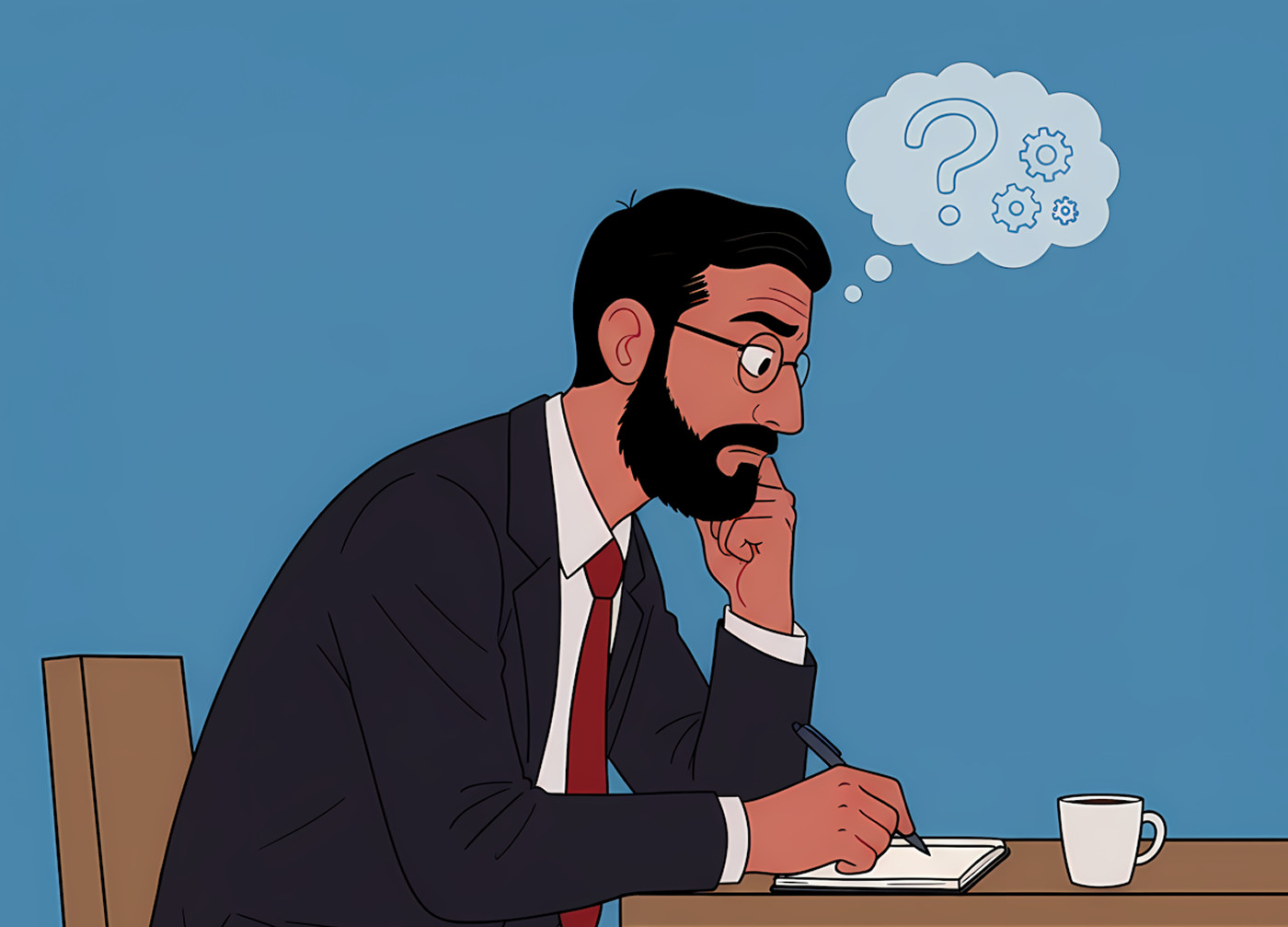 Illustrazione di un uomo seduto alla scrivania mentre pensa