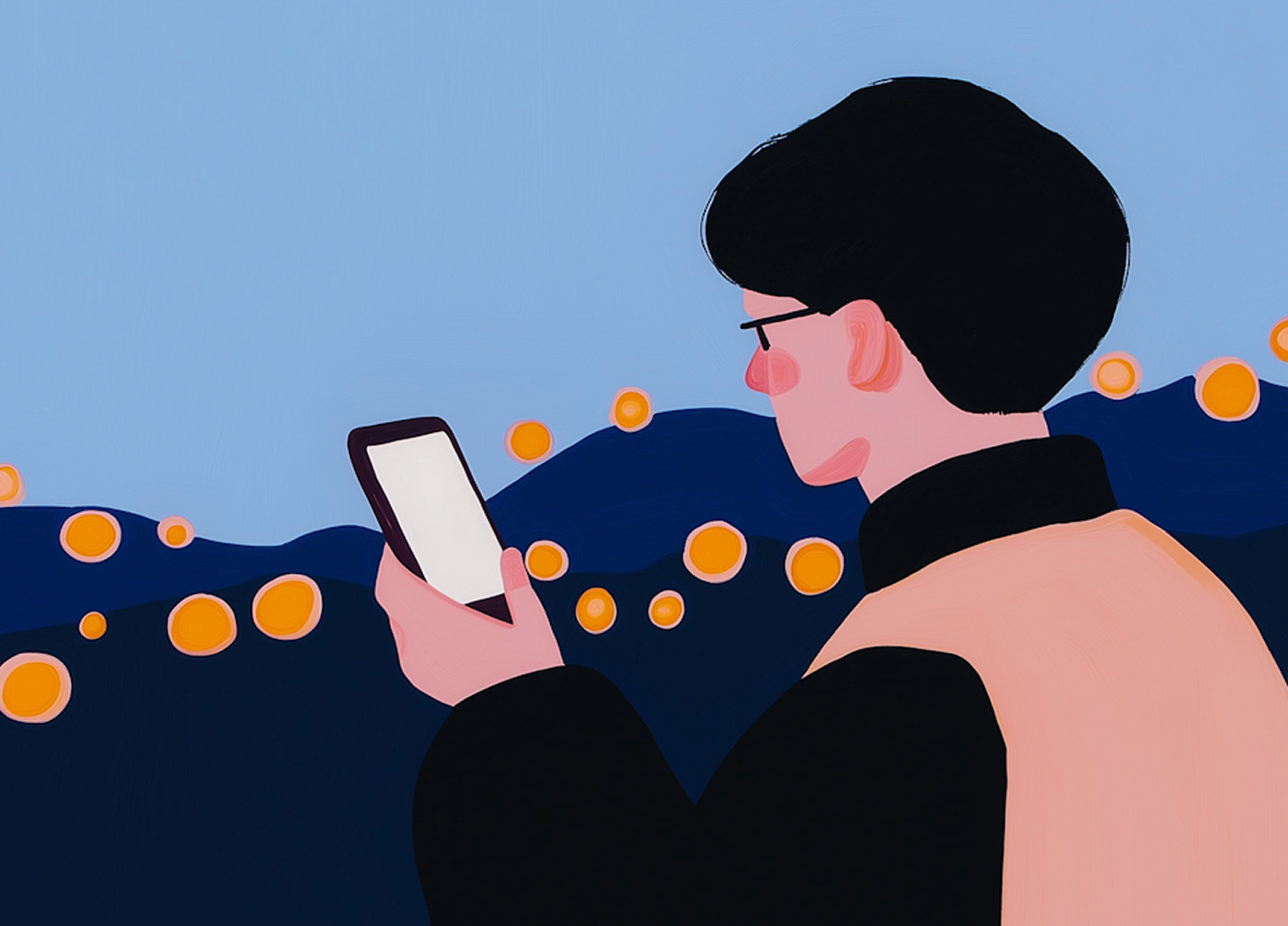 Illustrazione di un ragazzo che guarda il suo telefono