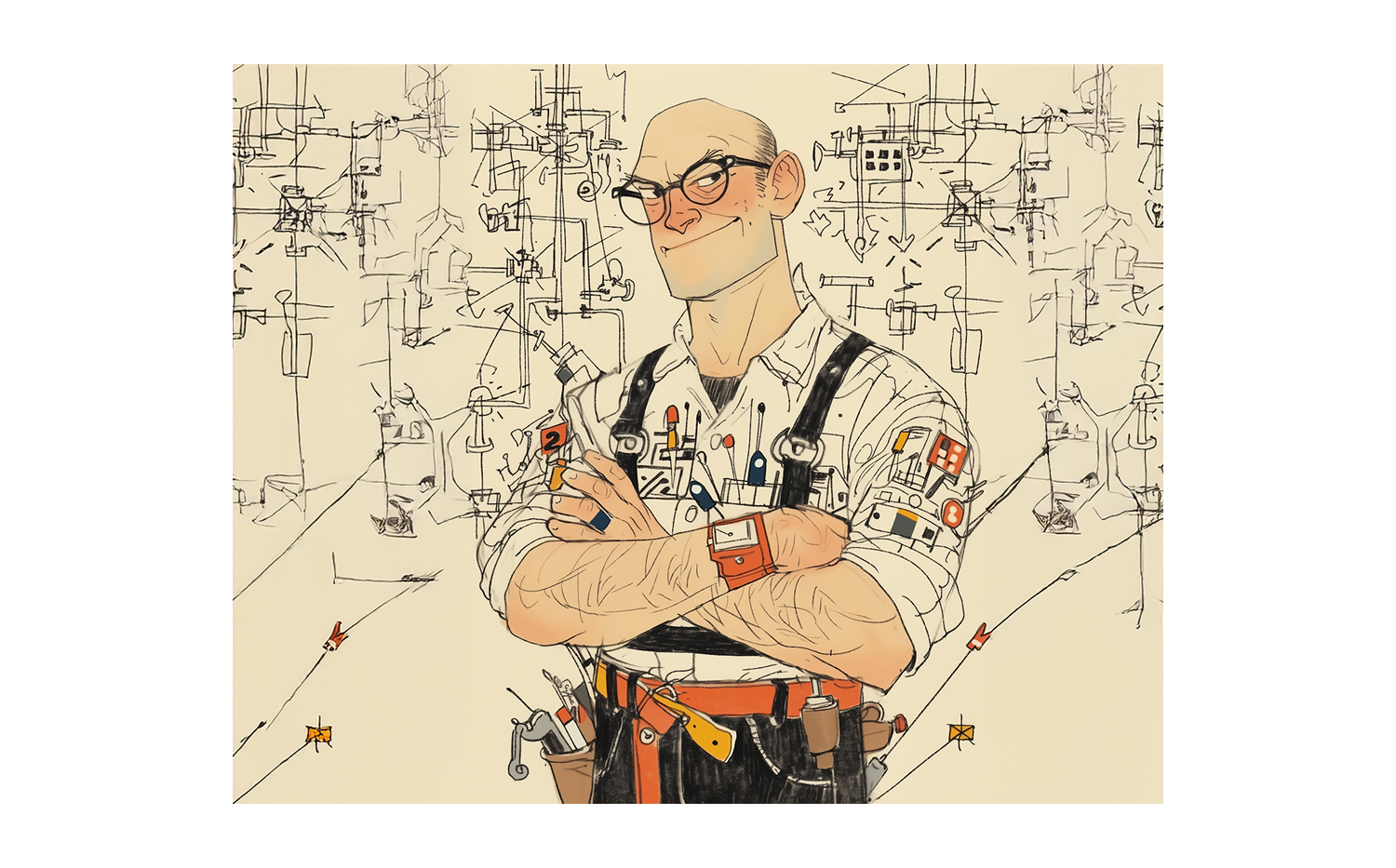 Illustrazione di un designer uomo con uan serie di tool per la progettazione.