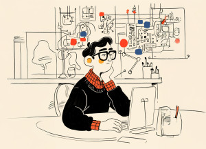 Illustrazione di un uomo davanti a un computer, generata con l'AI.