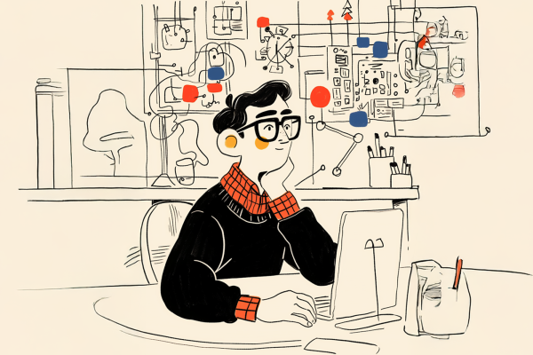 Illustrazione di un uomo davanti a un computer, generata con l'AI.