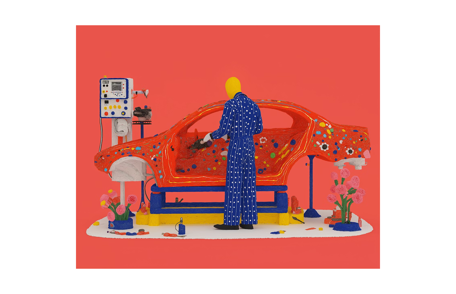 Illustrazione di una persona in tuta da lavoro che aggiusta un'auto