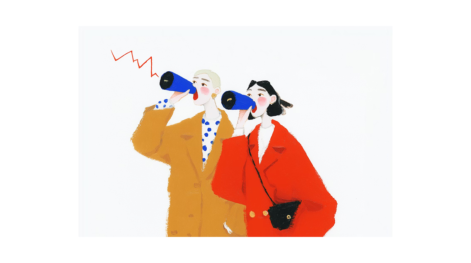Illustrazione di due ragazze con un megafono in mano