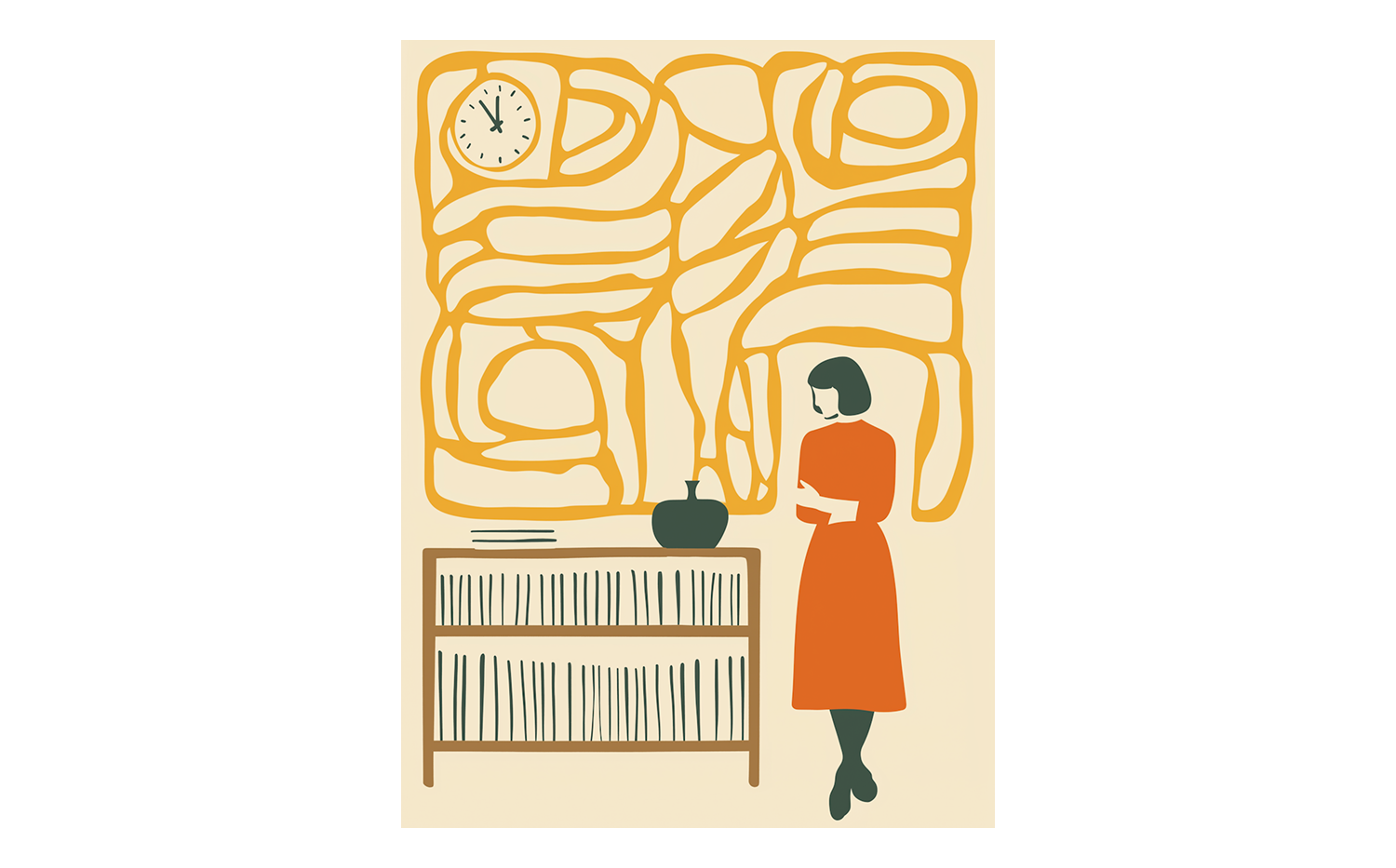 Illustrazione di una donna in piedi a fianco a una libreria