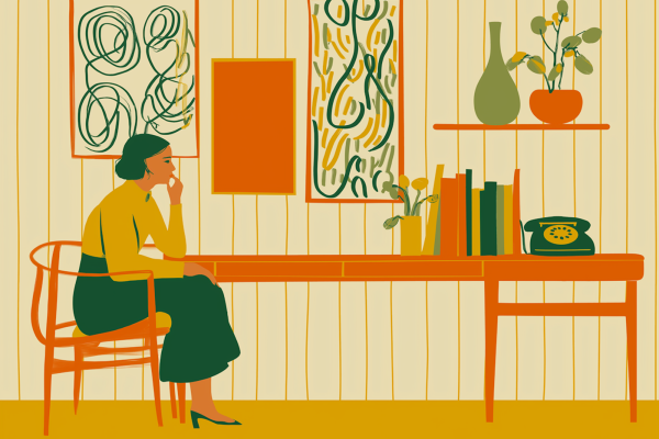 Illustrazione di una donna seduta su una sedia mentre pensa