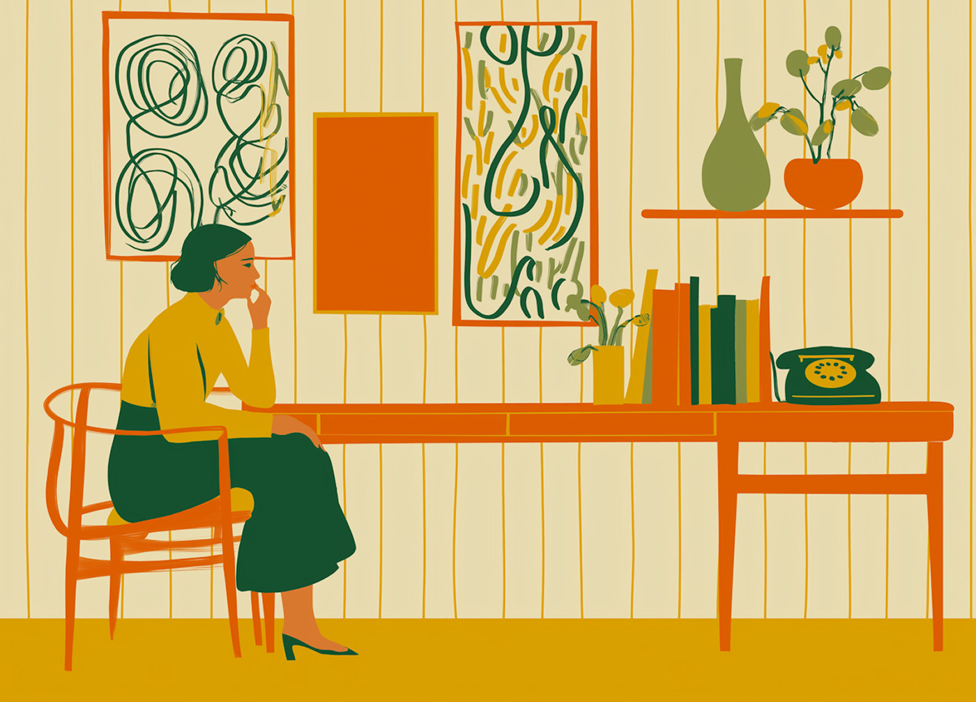 Illustrazione di una donna seduta su una sedia mentre pensa