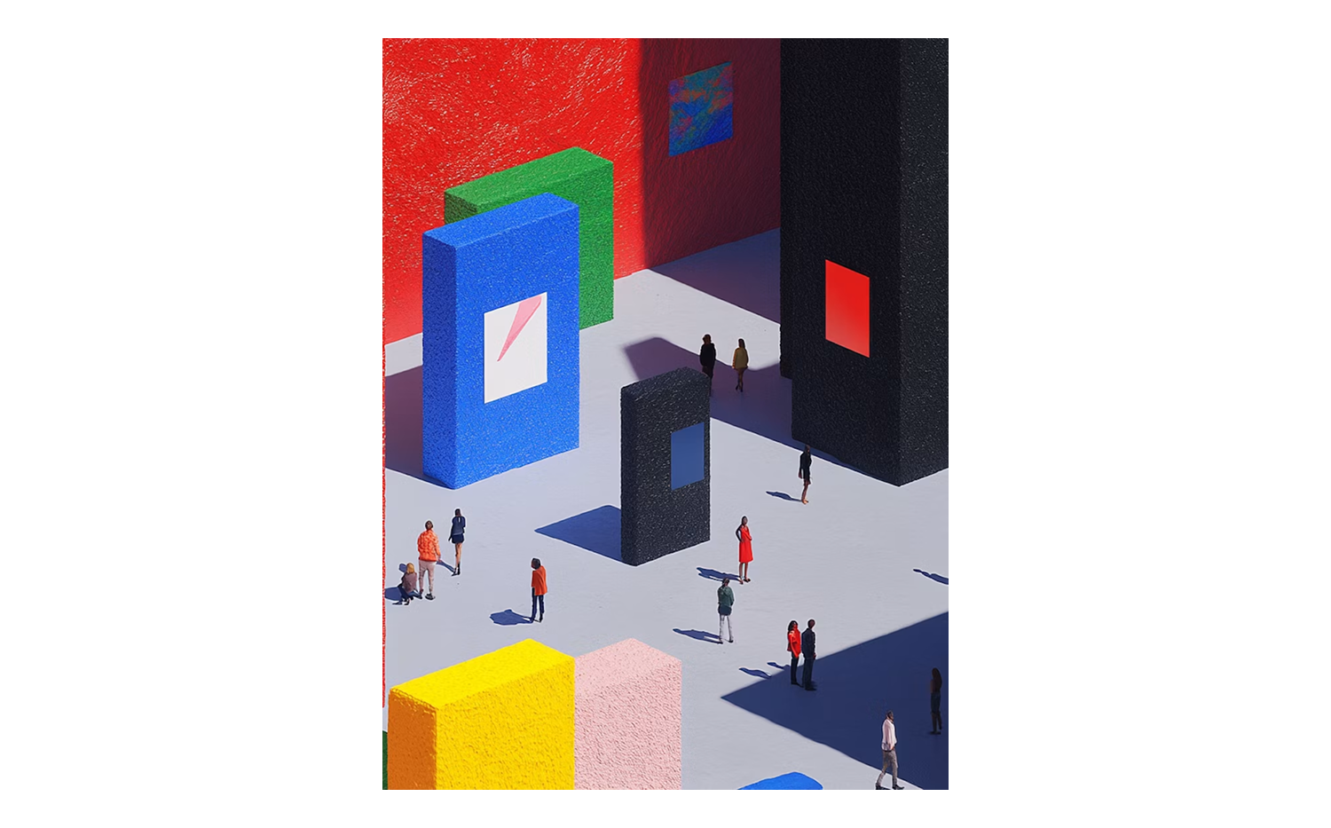 Illustrazione astratta di persone immerse in uno spazio tridimensionale geometrico