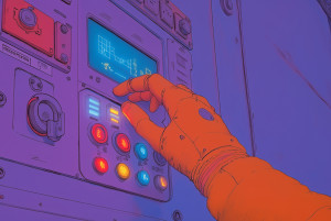 Illustrazione di una mano di un astronauta che lavora su un display di una macchina.