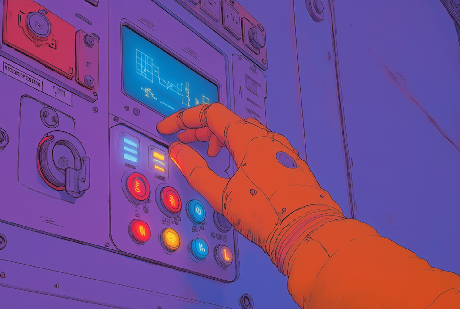 Illustrazione di una mano di un astronauta che lavora su un display di una macchina.