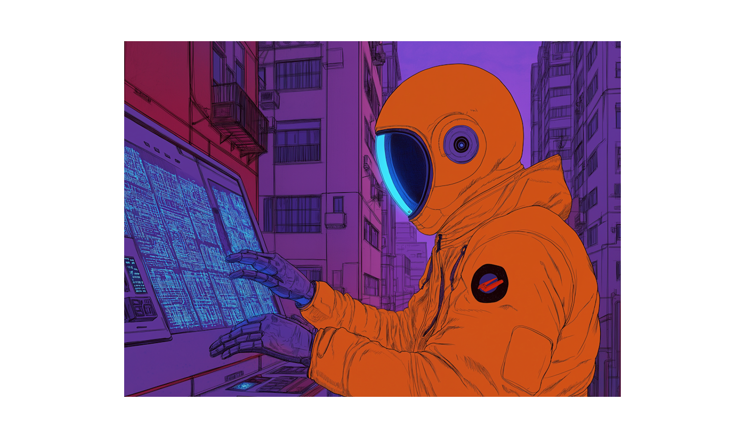 Illustrazione di un astronauta che lavora su un display di una macchina.