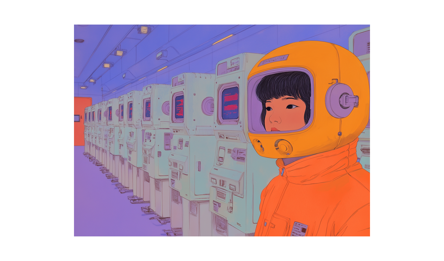 Illustrazione di una ragazza con una tuta da astronauta in una stanza piena di robot o macchine.