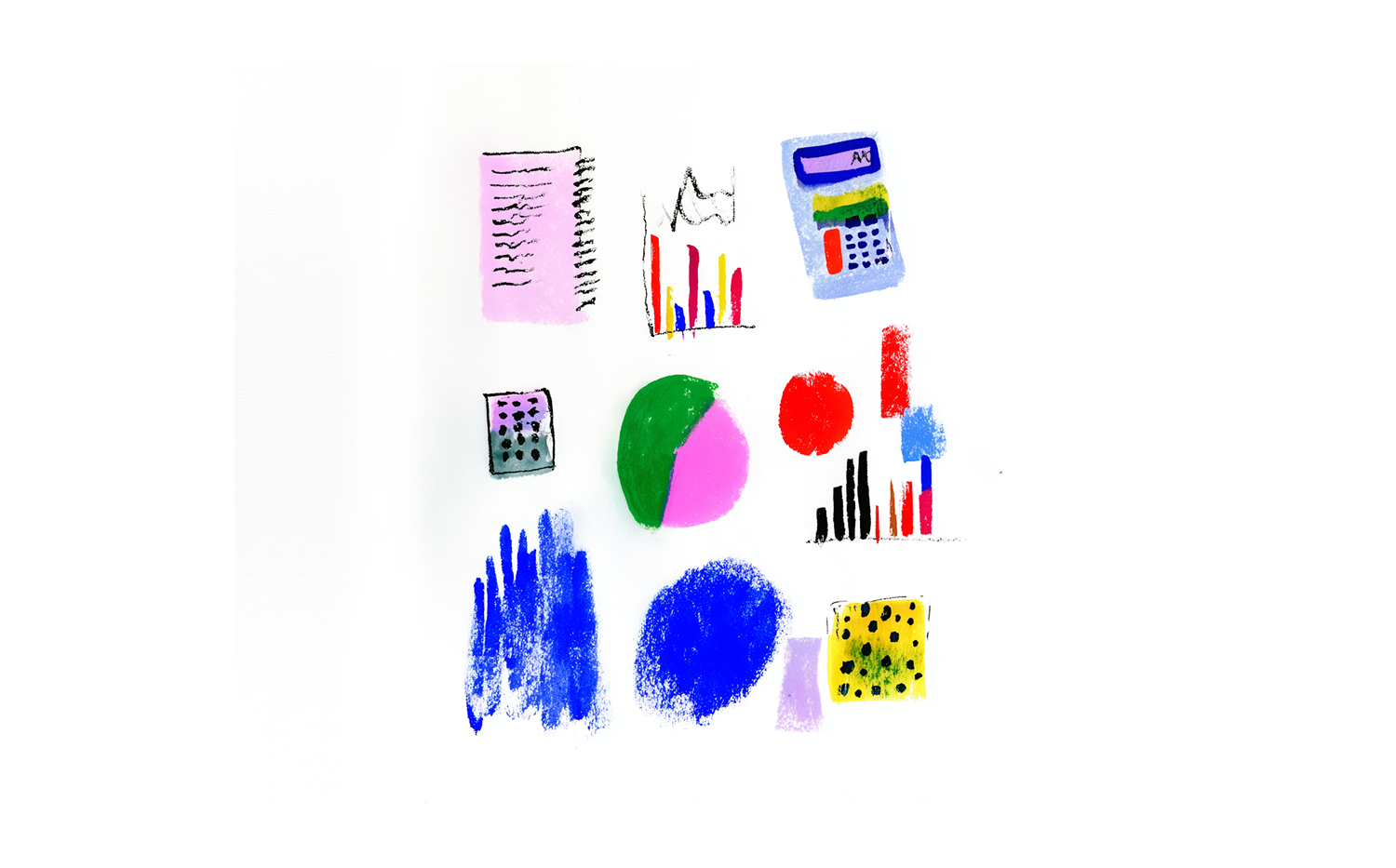 Illustrazione di alcune fifure geometriche astratte, una calcolatrice, grafici e un blocco note