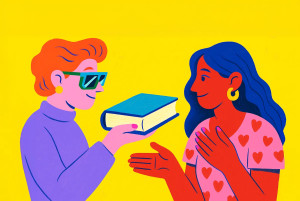 Illustrazione di due donne che si scambiamo un libro