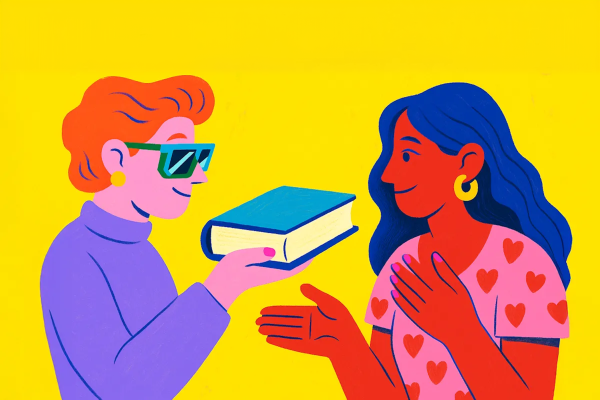 Illustrazione di due donne che si scambiamo un libro