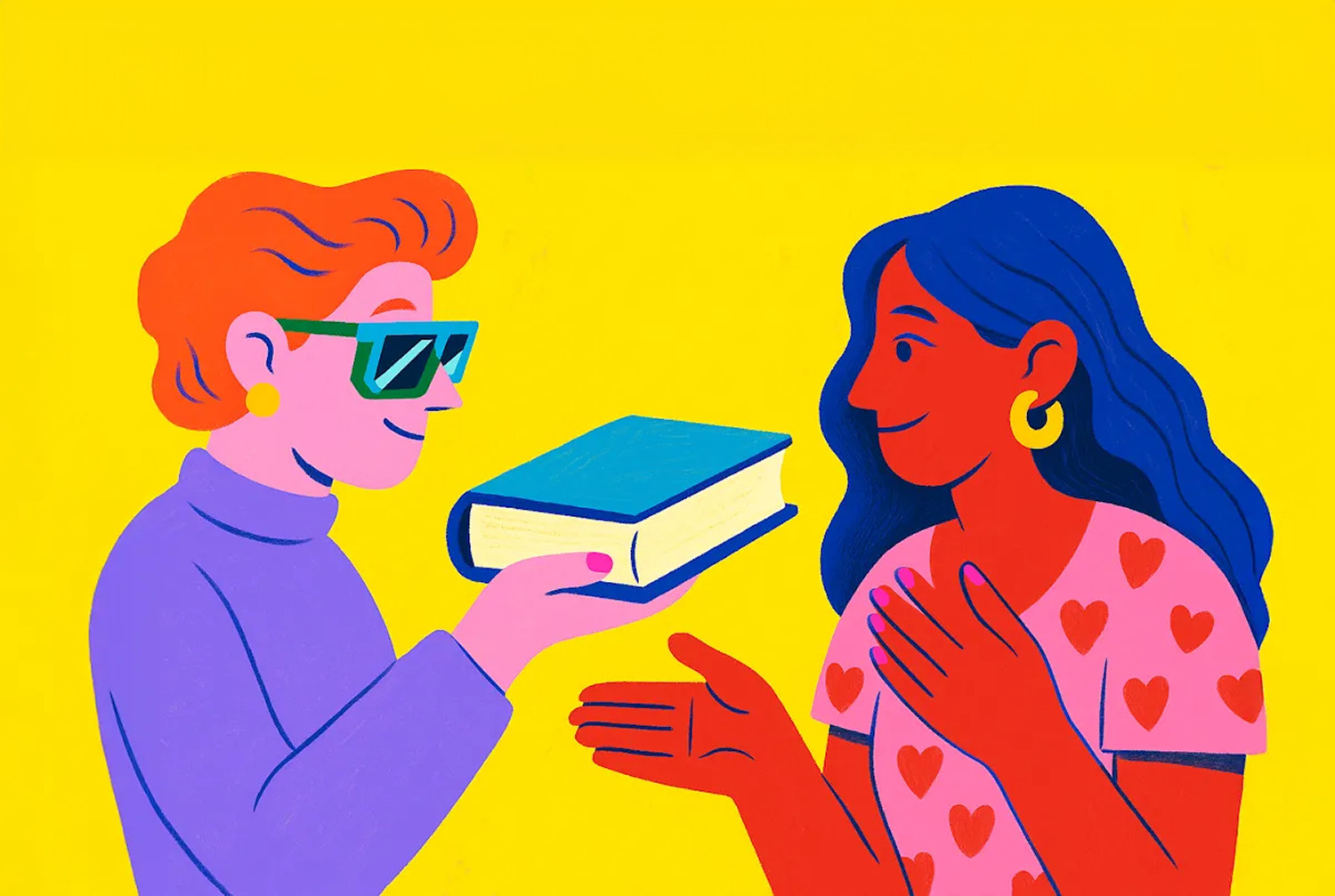 Illustrazione di due donne che si scambiamo un libro
