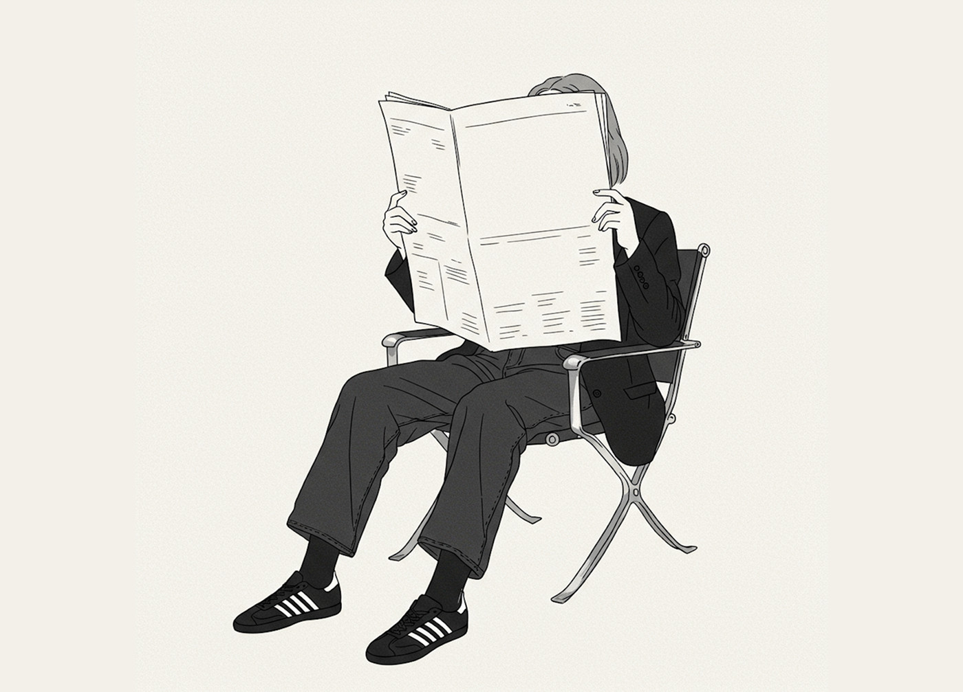 Illustrazione di una persona seduta su una sedia che legge il giornale
