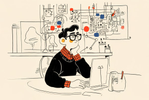 Illustrazione di un uomo davanti a un computer, generata con l'AI.