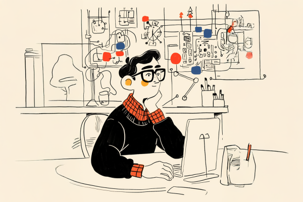 Illustrazione di un uomo davanti a un computer, generata con l'AI.