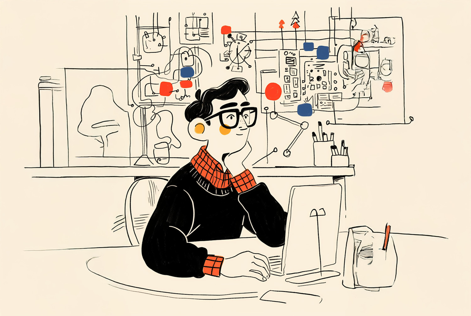 Illustrazione di un uomo davanti a un computer, generata con l'AI.