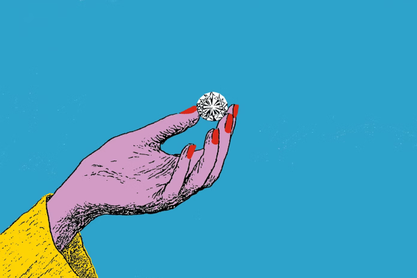 Illustrazione di una mando di una donna che tiene un diamante.