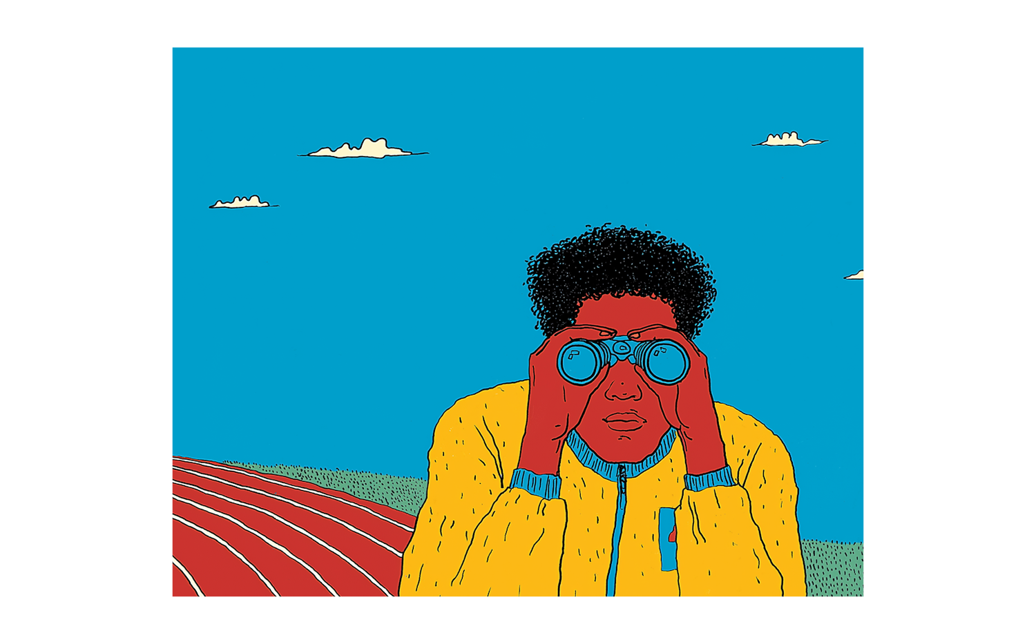 Illustrazione di un uomo su una pista di atletica che cosserva con un binocolo.