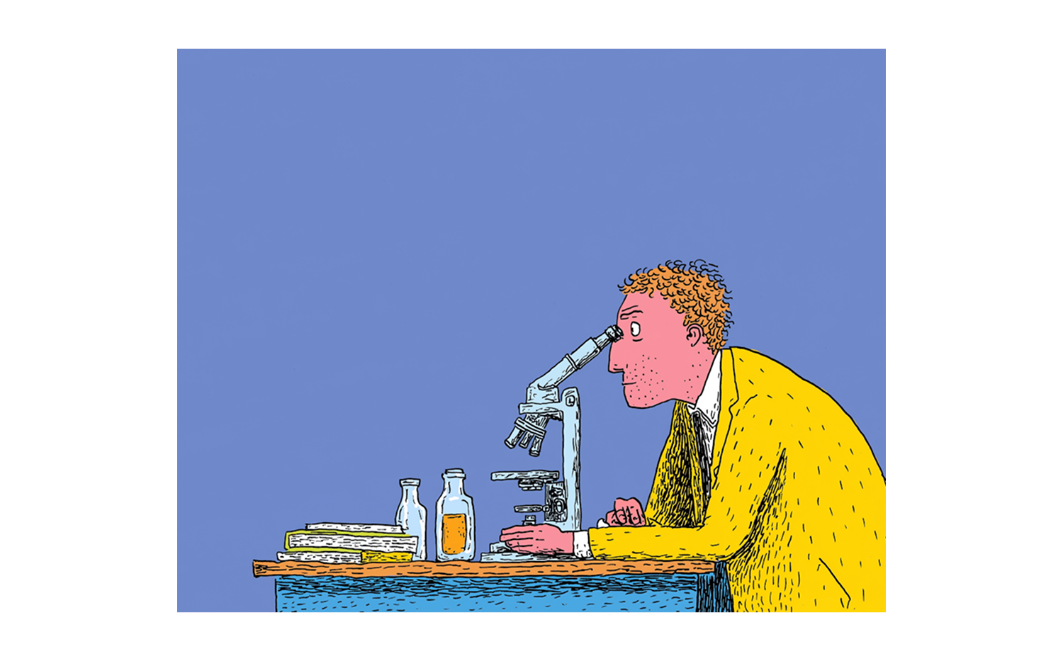 Illustrazione di un ricercatore seduto, mentre usa un microscopio. Sul tavolo ci sono libri e bottiglie.