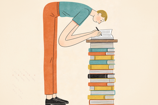 Illustrazione di una perosna chinata su una pila di libri, mentre sottolinea un libro