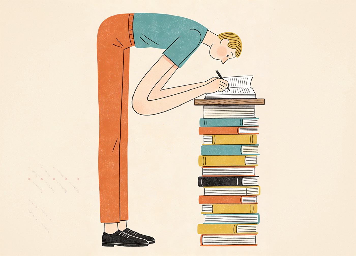 Illustrazione di una perosna chinata su una pila di libri, mentre sottolinea un libro