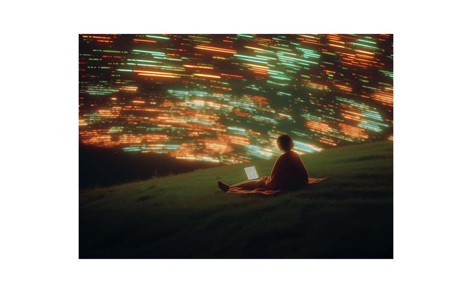 Illustration of a person using a computer in a garden