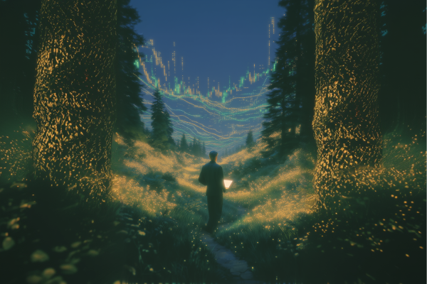 Illustrazione astratta di un uomo in un bosco con un computer
