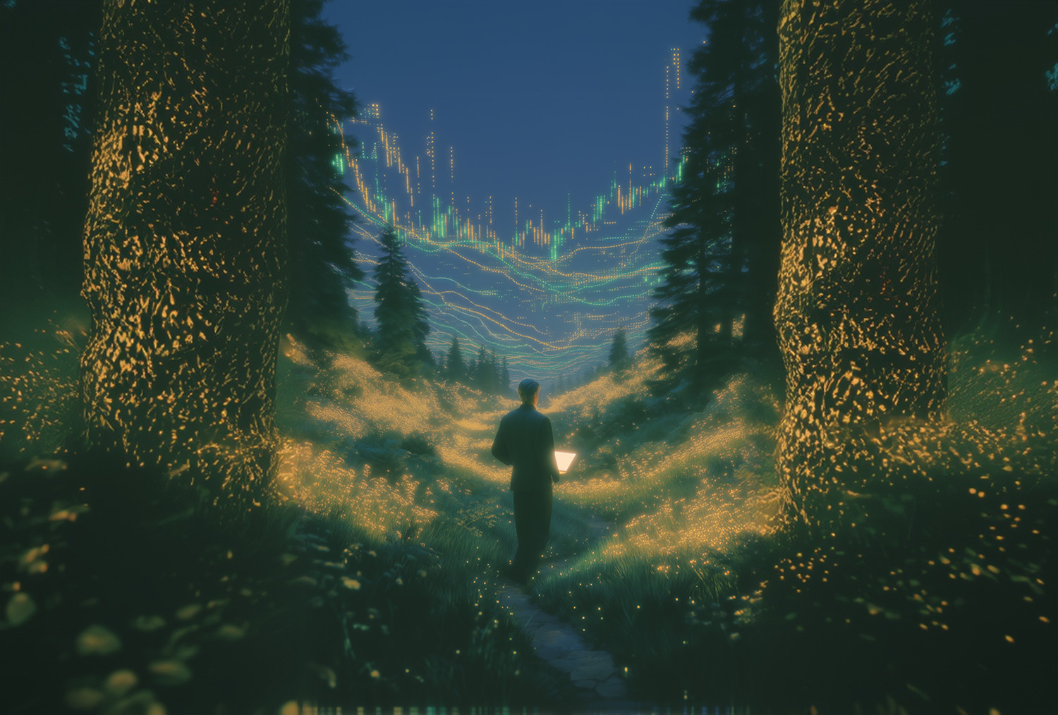Abstract illustration of a man with a computer in a forest