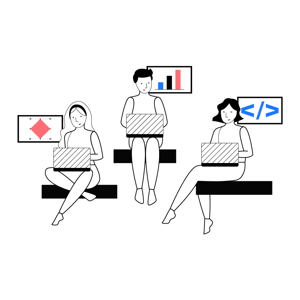 Illustrazione di tre persone sedute che stanno lavorando con il proprio portatile e rappresentano gli ambiti in cui lavoriamo: design, sviluppo e strategia.
