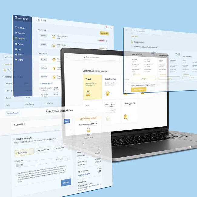 Mockup con alcune schermate web dell'app Assibro
