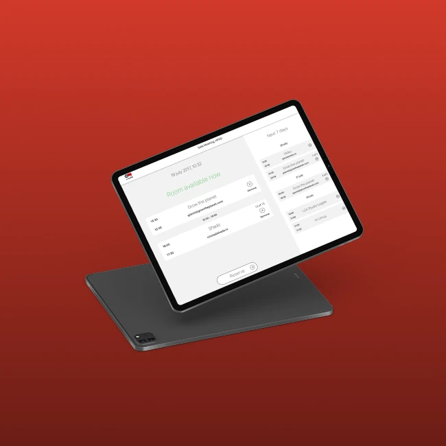 Mockup di un ipad con una schermata dell'app "sale riunioni".