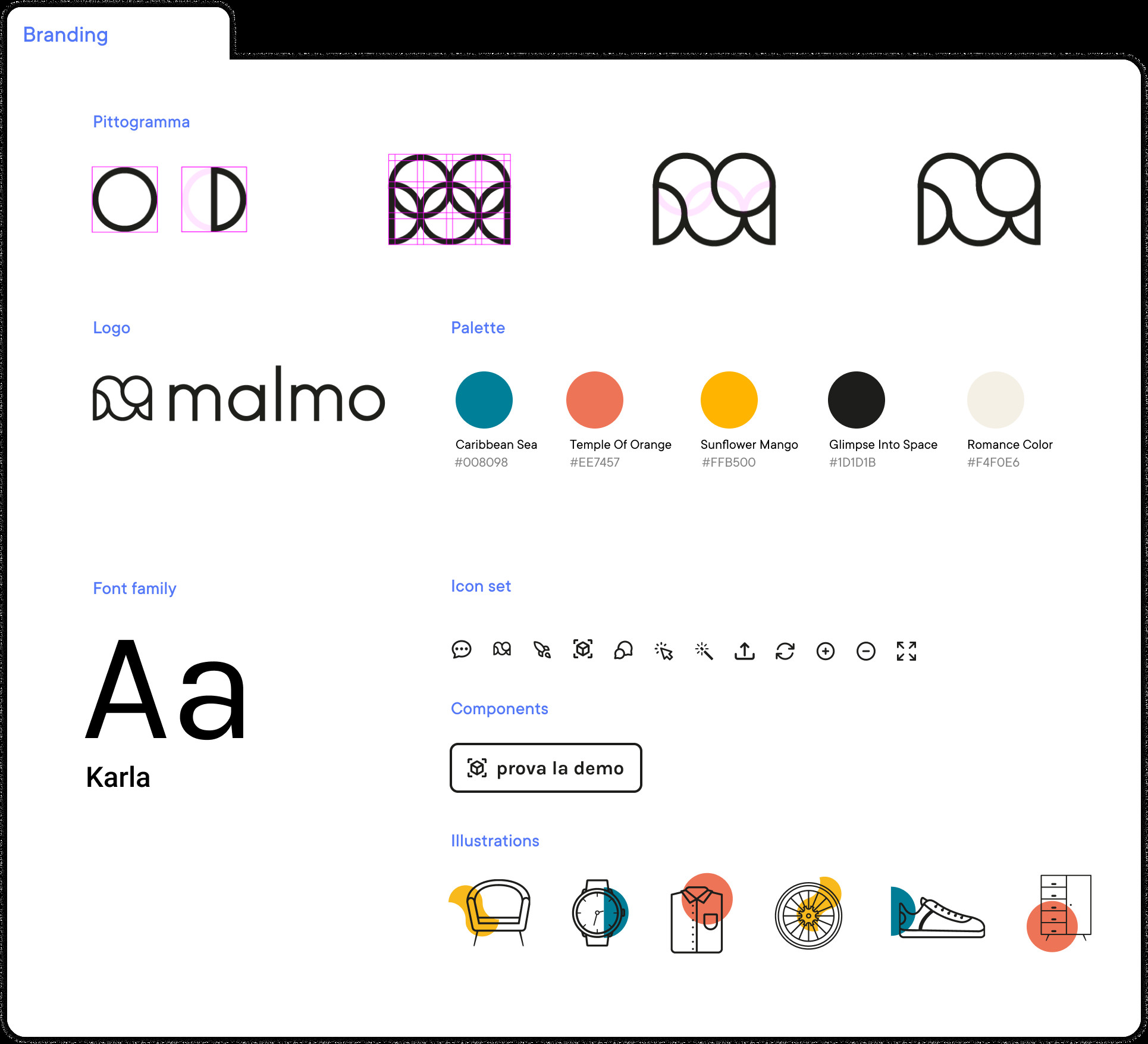 Screenshot dello sviluppo del branding per il configuratore 3D Malmo.