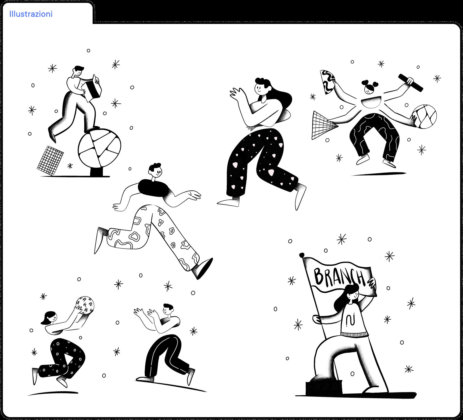 Screenshot di alcune illustrazioni di persone in bianco e nero.