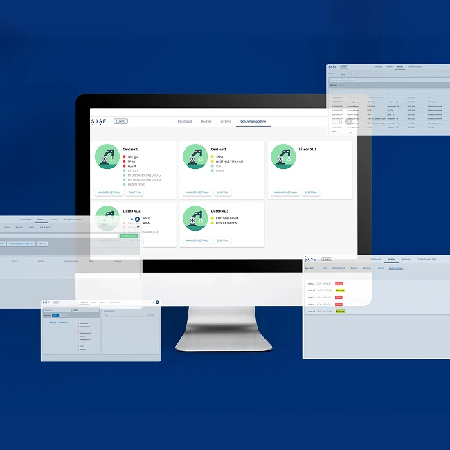 Mockup di un computer e alcune schermate del software "sase"