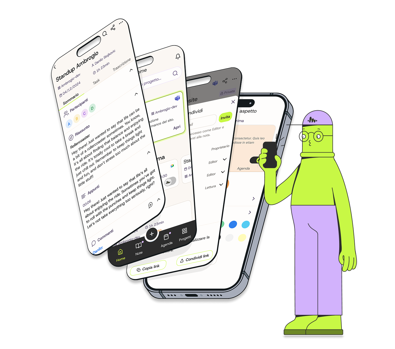 Illustrazione di alcune schermate dell'app "ambrogio".