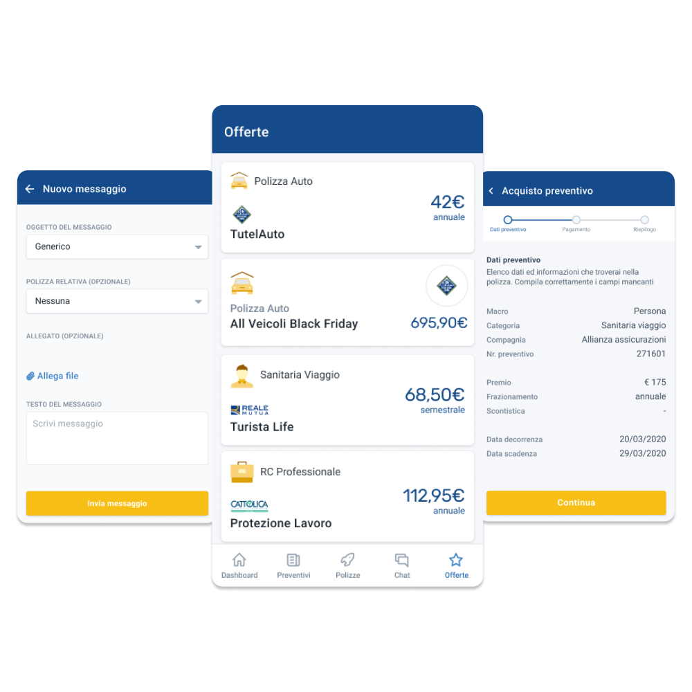 Screenshot dell'app Assibro che rappresentano le principali funzionalità.