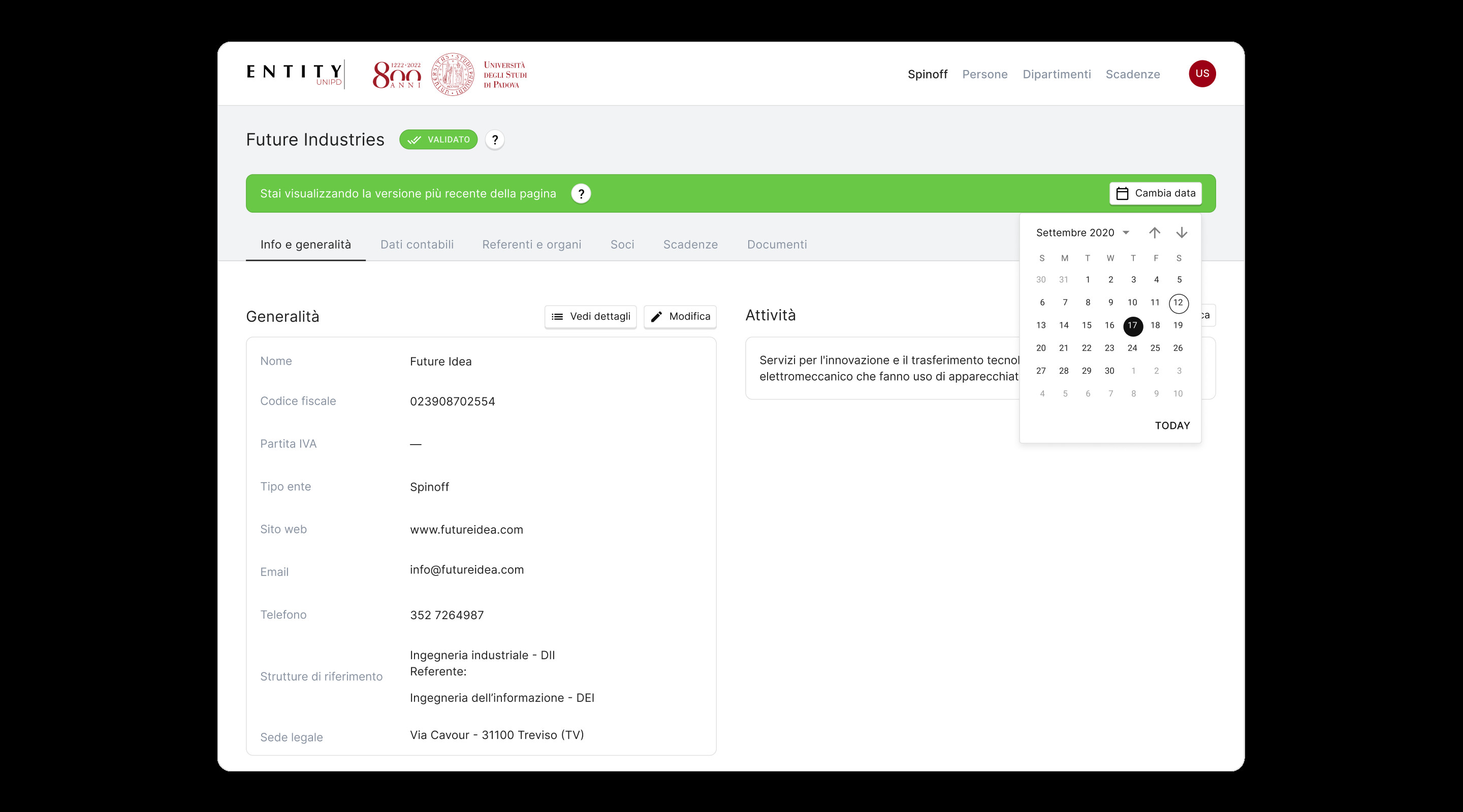 Entity University of Padua project - Screenshots of app usage