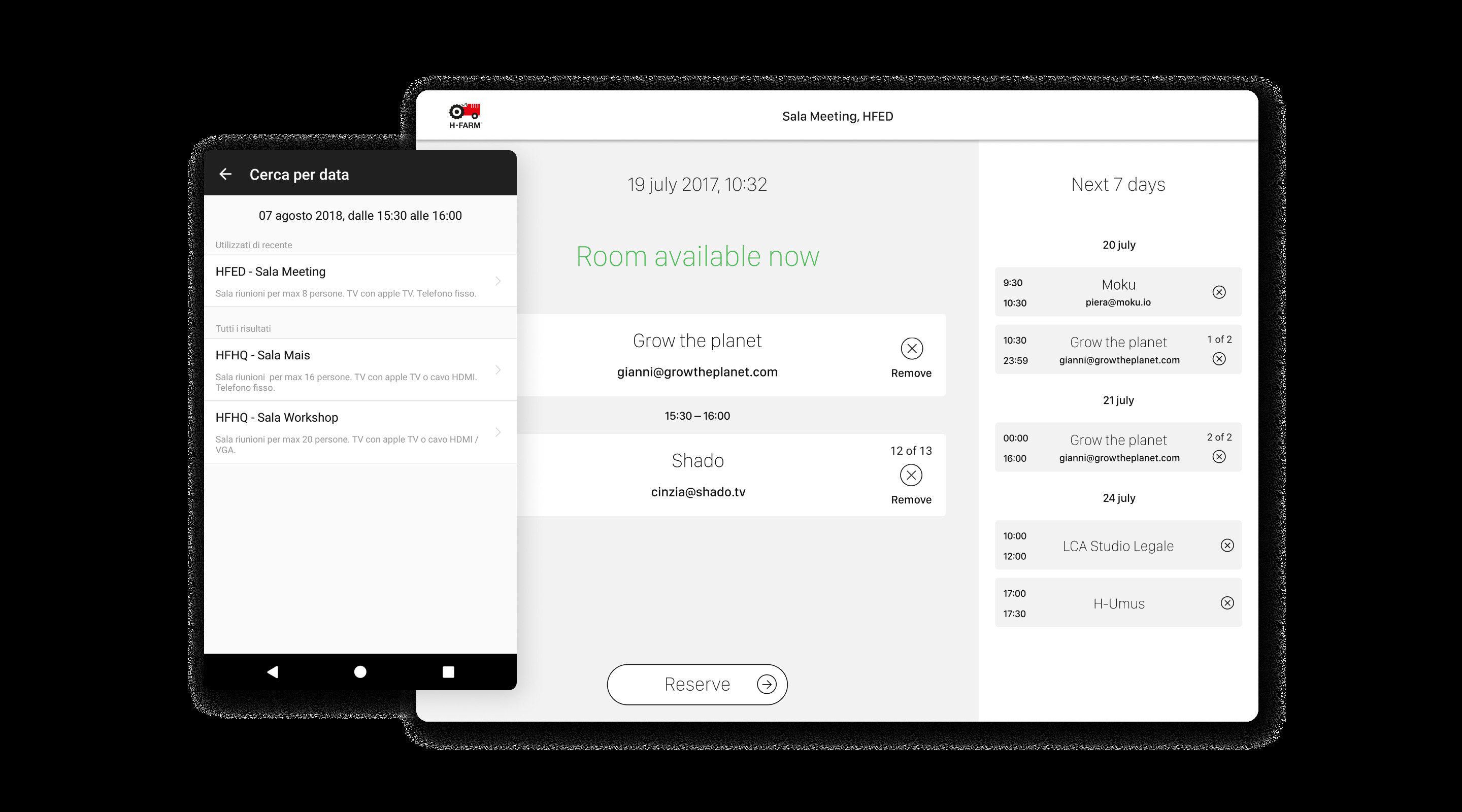 H-Farm Meeting Rooms Project - Screenshots of app usage