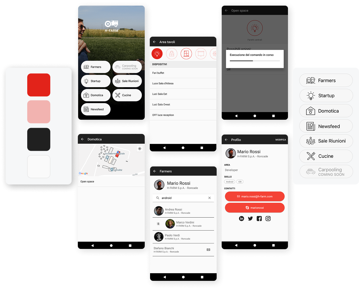 Schemate di uso app mobile H-Farm disposte a forma di cuore.